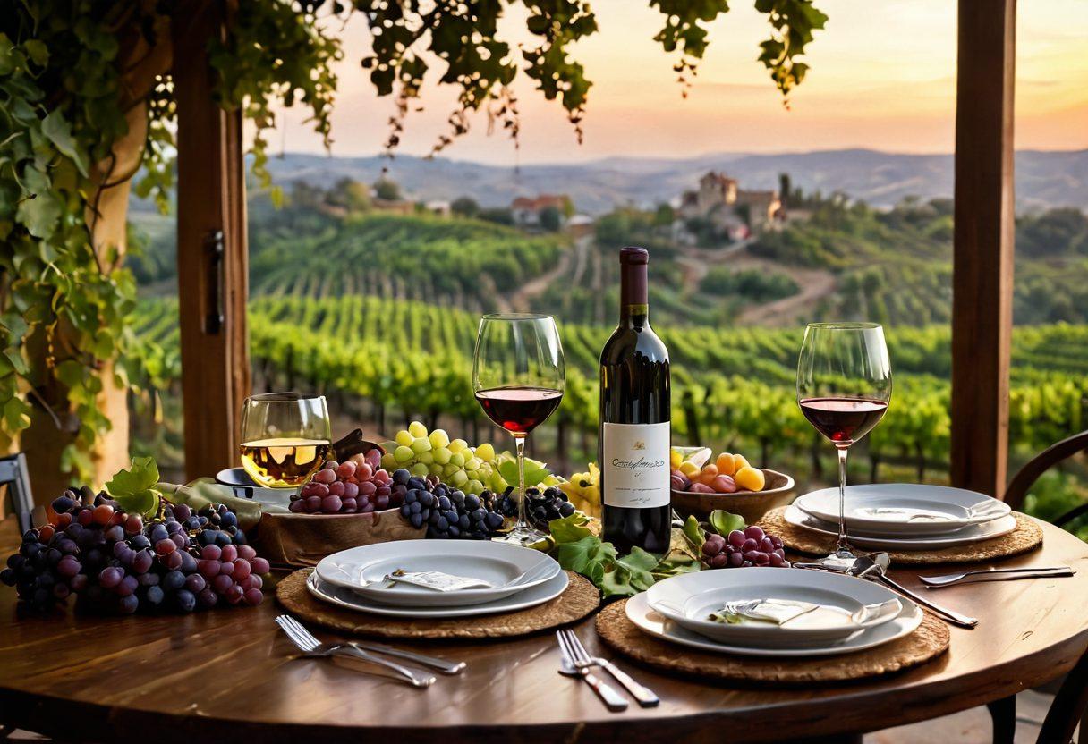 A beautifully set dining table featuring a selection of gourmet dishes elegantly paired with various wine glasses. Soft ambient lighting creates an intimate atmosphere, highlighting the vibrant colors of the food and the rich hues of the wines. Include a wine expert examining a wine bottle, while a background of lush grapevines and a rustic vineyard enhances the scene. warm colors, super-realistic, cozy ambiance.