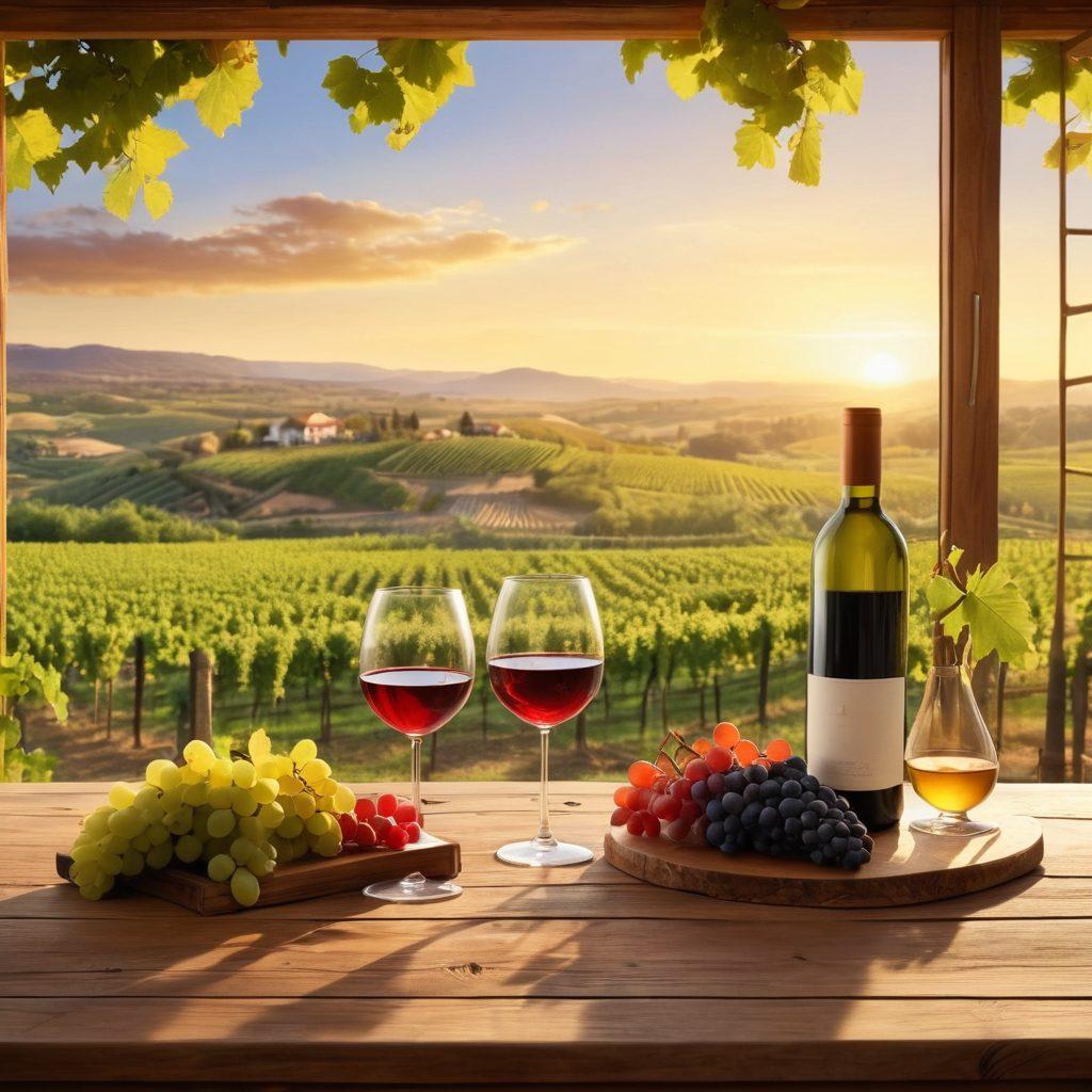 A picturesque vineyard landscape at sunset, with rolling hills dotted with grapevines, a rustic winery in the background, and wine glasses filled with red and white wine placed on a wooden table in the foreground. Soft golden hues illuminating the scene, showcasing the beauty of wine regions. Elegant, serene atmosphere. vibrant colors. super-realistic.